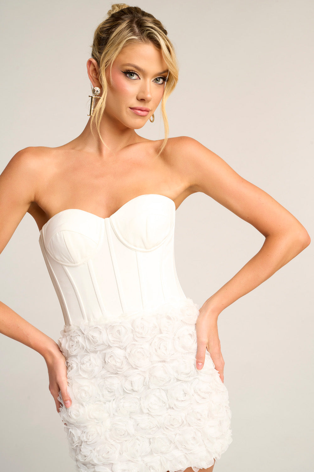 Portia and Scarlett PS26500 White bridal mini prom dress with corset bodice and floral detailing.