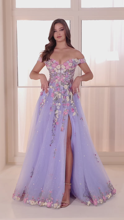 Ellie Wilde EW36215 a-line prom dress video.  Ellie Wilde EW36215 is available in these colors: Periwinkle Multi, Dark Purple Multi.