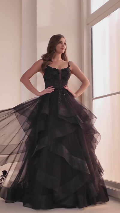 Ellie Wilde EW36225 ball gown prom dress video.  Ellie Wilde EW36225 is available in these colors: Emerald, Wine, Dark Plum, Black, Blue Haze.