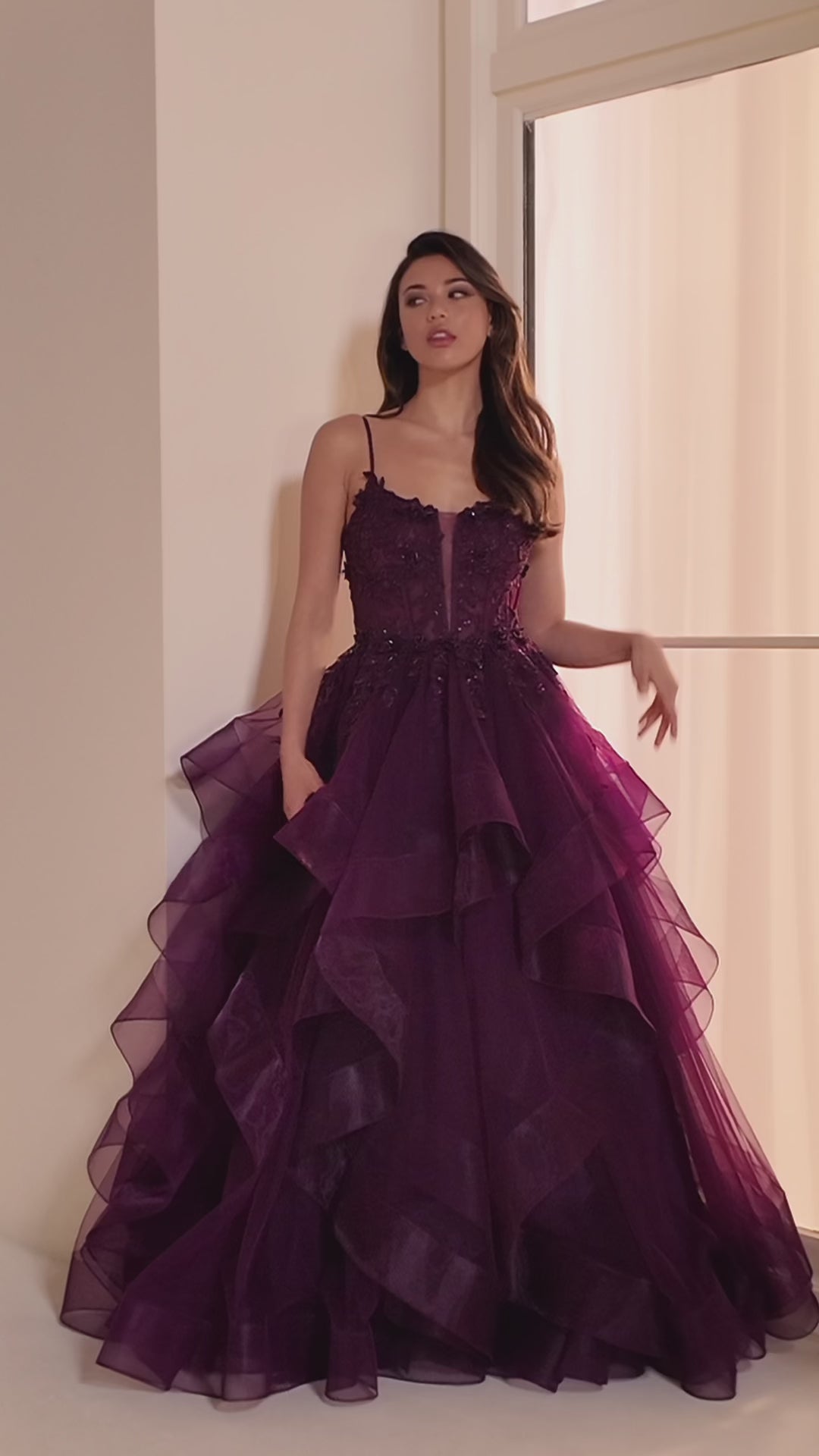 Ellie Wilde EW36225 ball gown prom dress video.  Ellie Wilde EW36225 is available in these colors: Emerald, Wine, Dark Plum, Black, Blue Haze.