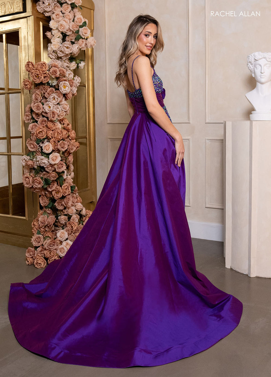Rachel Allan 40416 prom dress images.  Rachel Allan 40416 is available in these colors: Black Aqua, Black Peacock, Black Red, Purple.