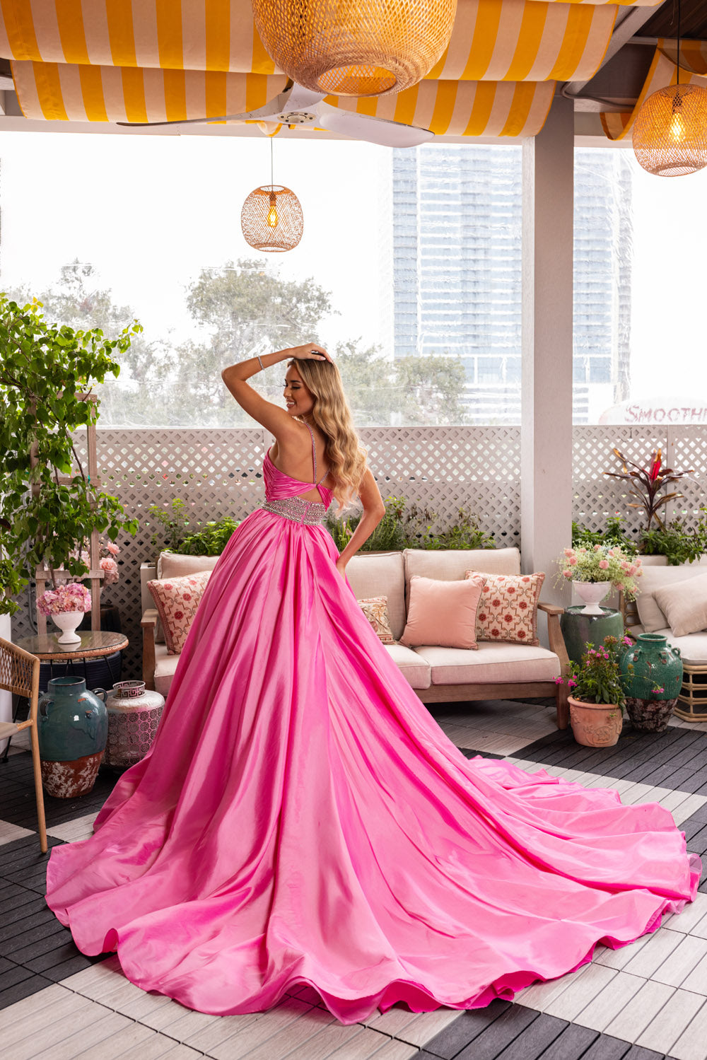 Rachel Allan 50376 prom dress images.  Rachel Allan 50376 is available in these colors: Black Multi, Candy Pink.