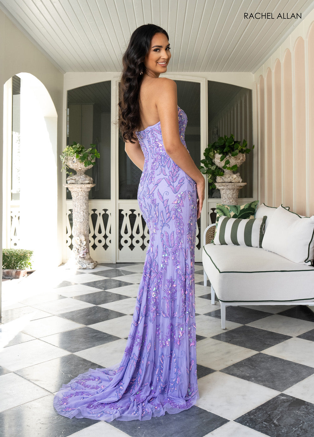 Rachel Allan 70931 Lilac mermaid prom dress with beading and lace-up back, side view.
