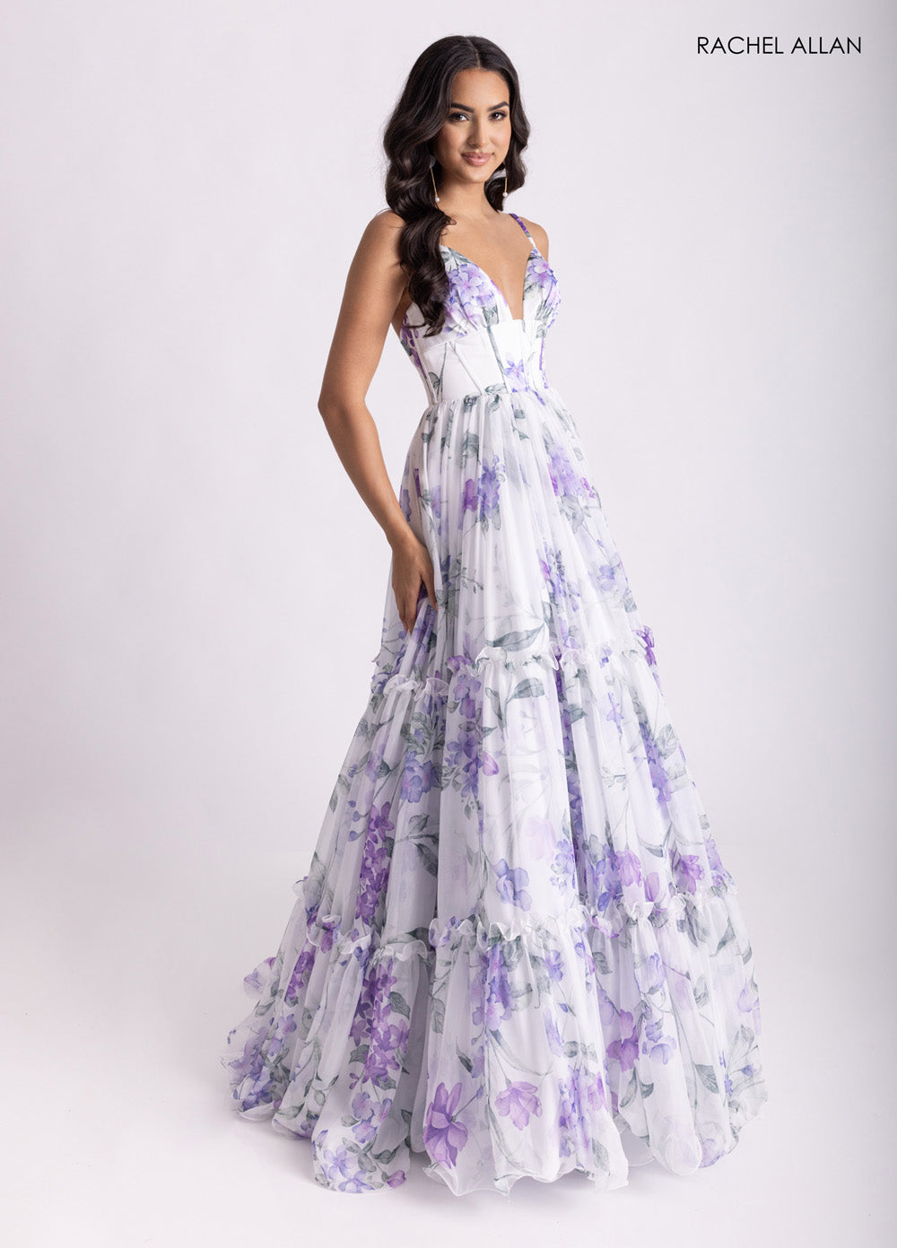 Rachel Allan 70935 Floral A-line prom dress in white with a lace-up back and flowing skirt.