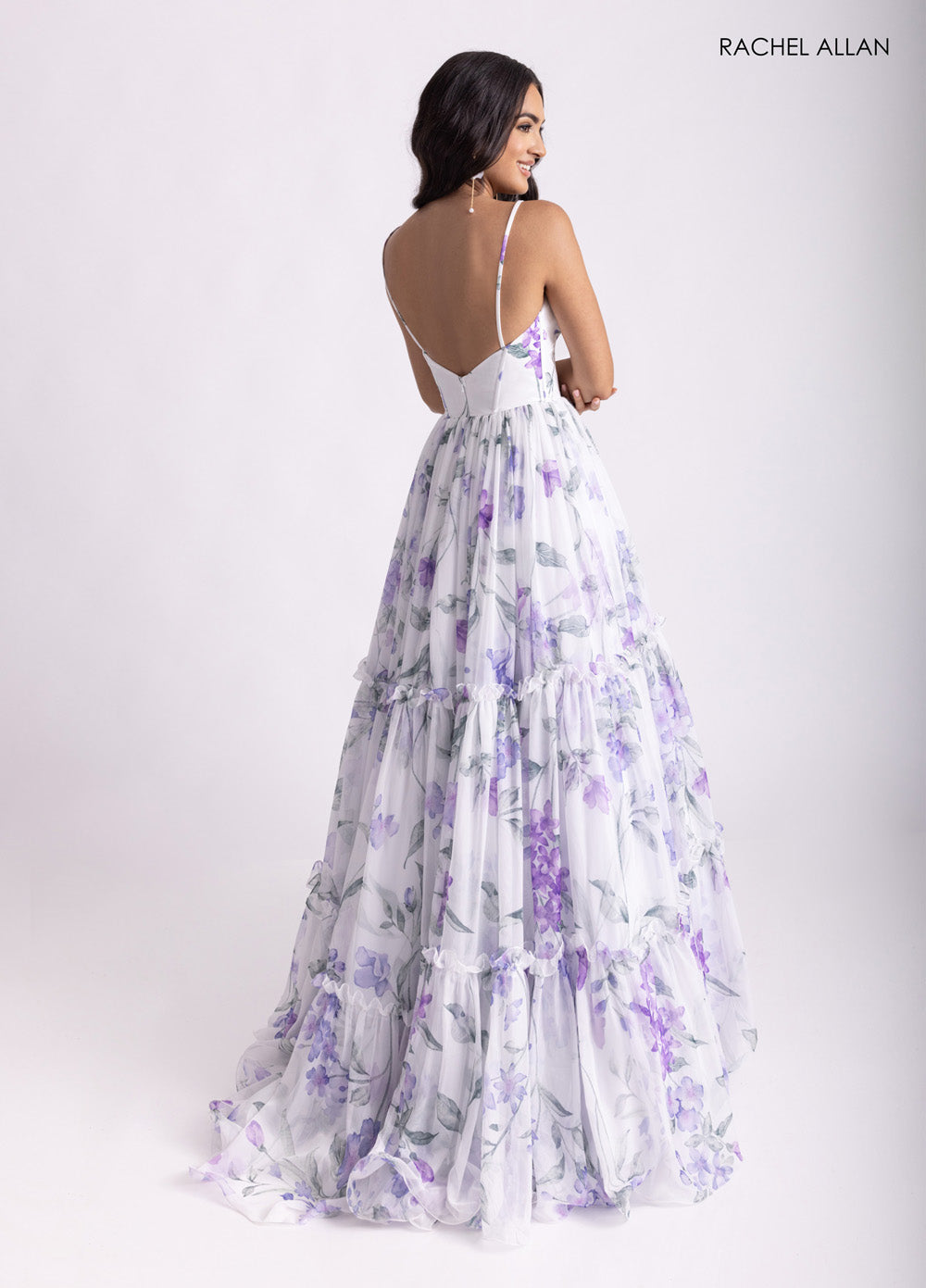 Rachel Allan 70935 White multi prom dress with a lace-up back and flowing tiered skirt.