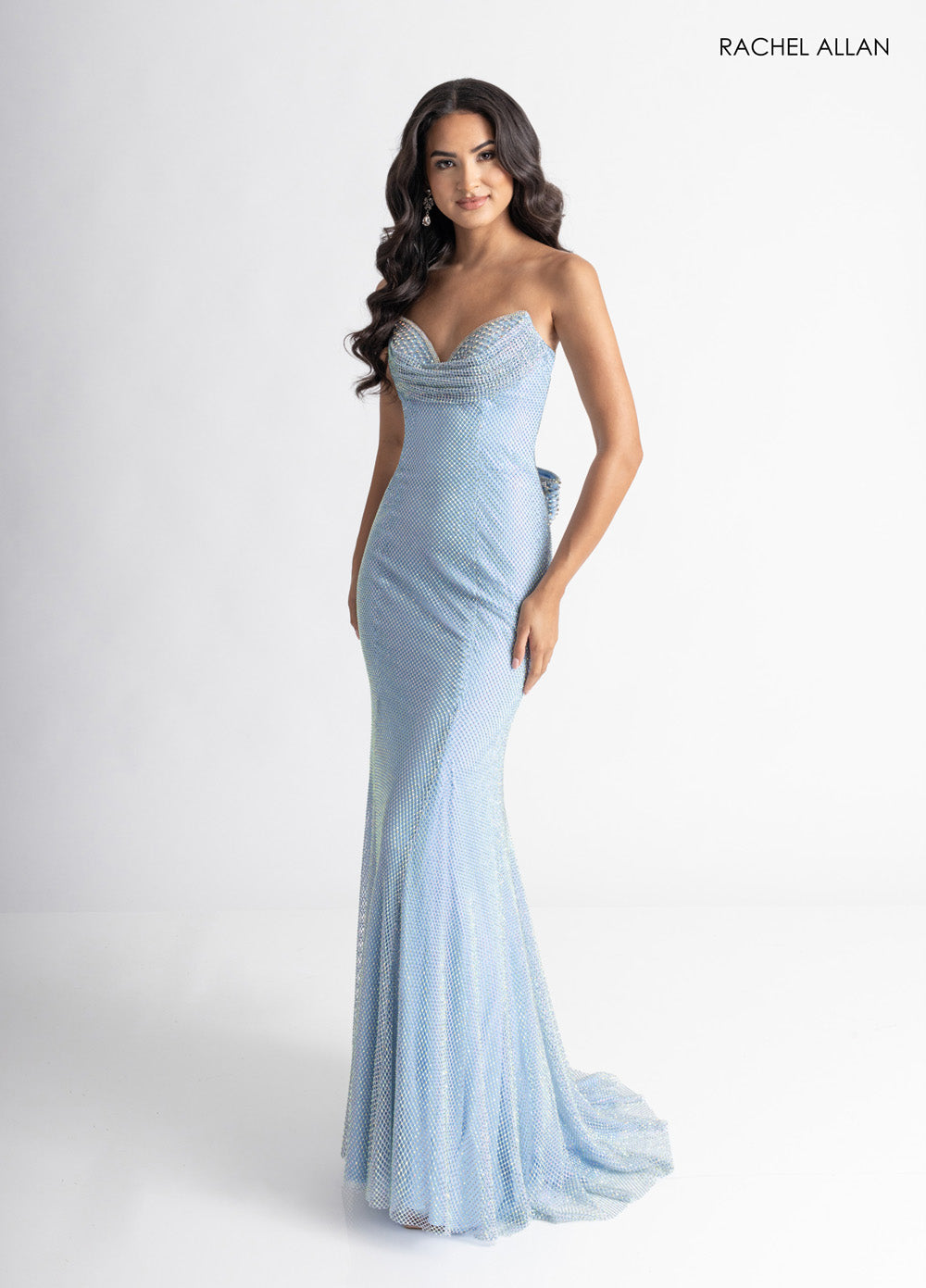 Rachel Allan 70936 Light blue mermaid prom dress with crystal beading and sweetheart neckline.