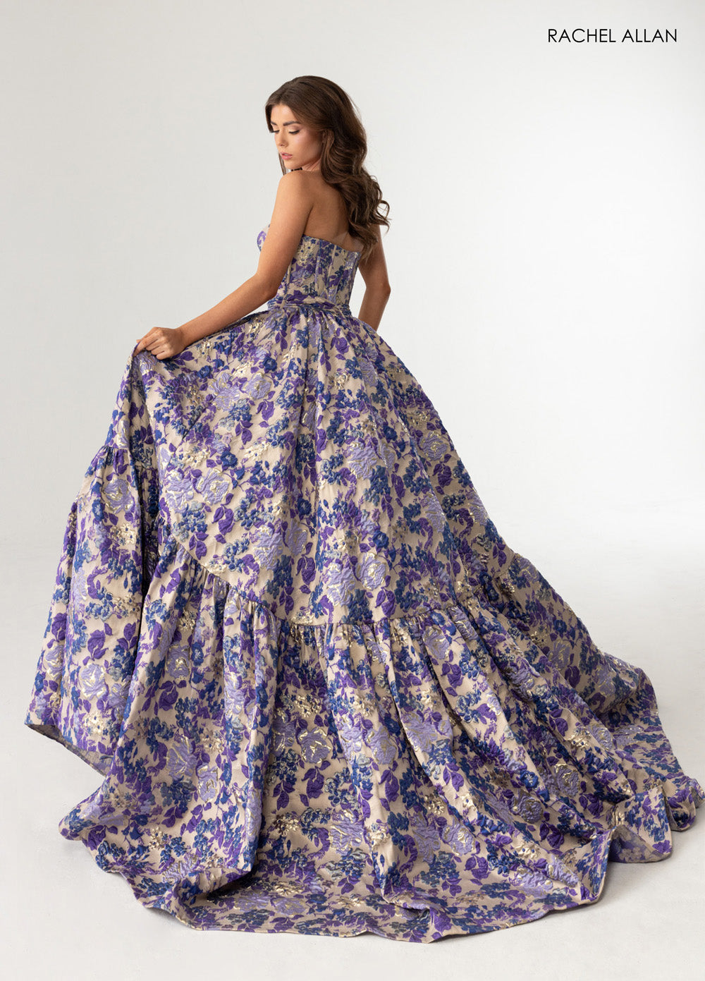 Rachel Allan 70939 Champagne floral ballgown with a dramatic train and strapless design prom dress.