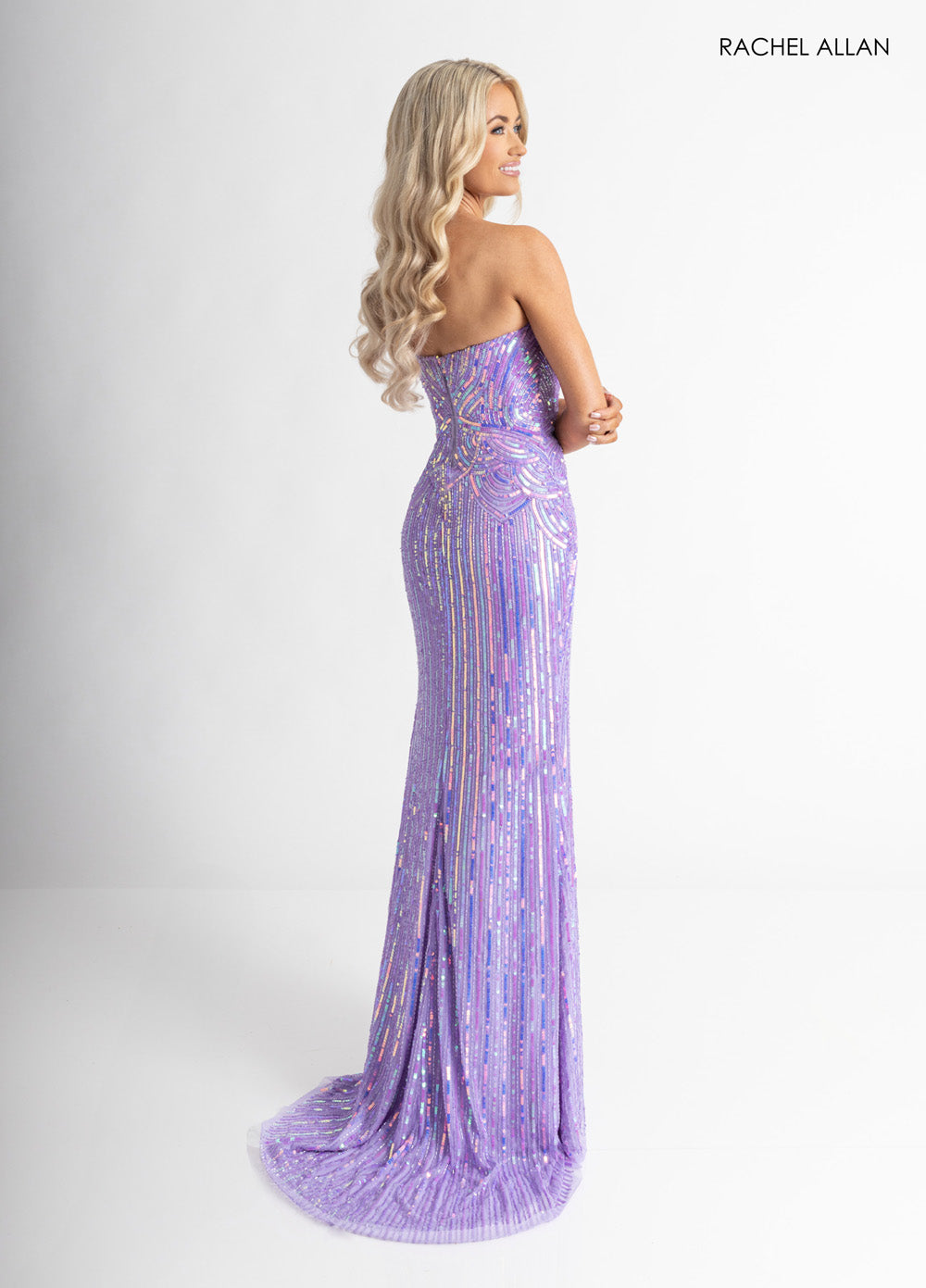 Rachel Allan 70948 Lilac mermaid prom dress with stunning beading, featuring a side view.