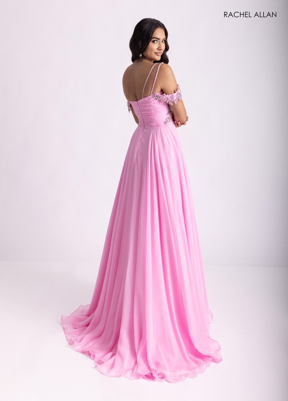 Rachel Allan 70951 Pink chiffon prom dress with corset bodice and lace-up back, back view.