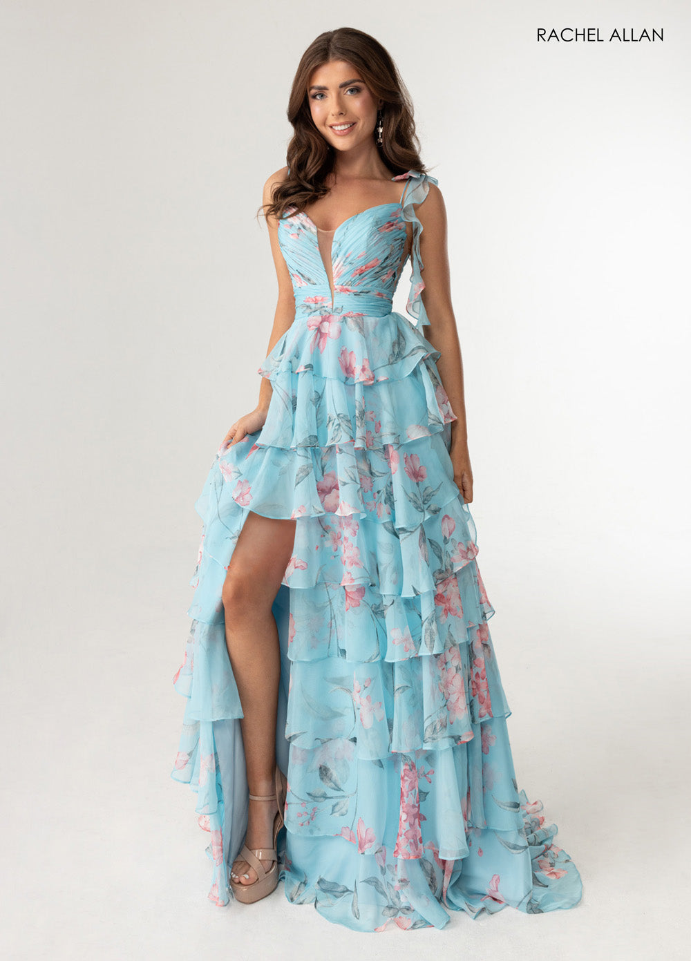 Rachel Allan 70953 Sky blue multi prom dress with corset bodice and high slit, front view.