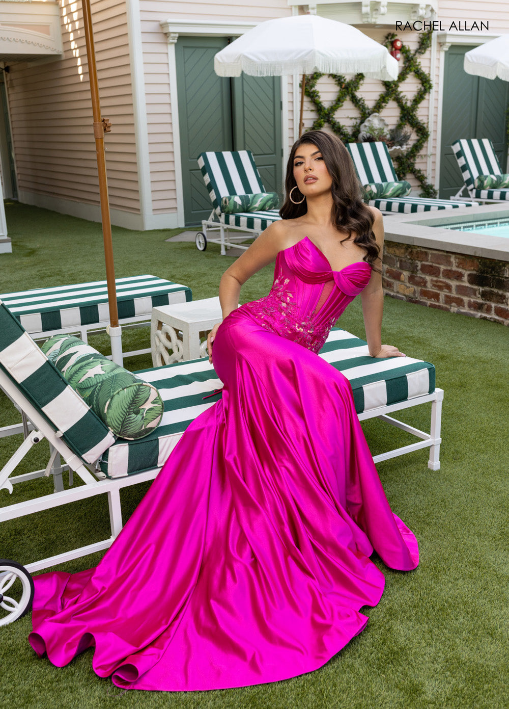 Rachel Allan 70957 Fuchsia mermaid prom dress with intricate appliqué and a dramatic train.