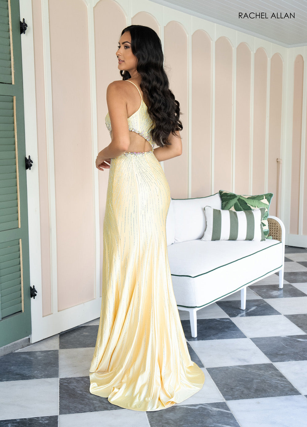 Rachel Allan 70965 Yellow fitted prom dress with crystal beading and open back, side view.