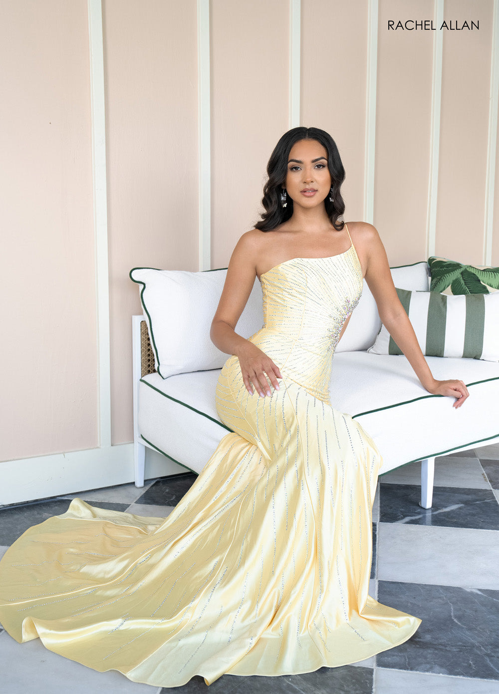 Rachel Allan 70965 Fitted yellow prom dress with crystal beading and a side zipper slit.
