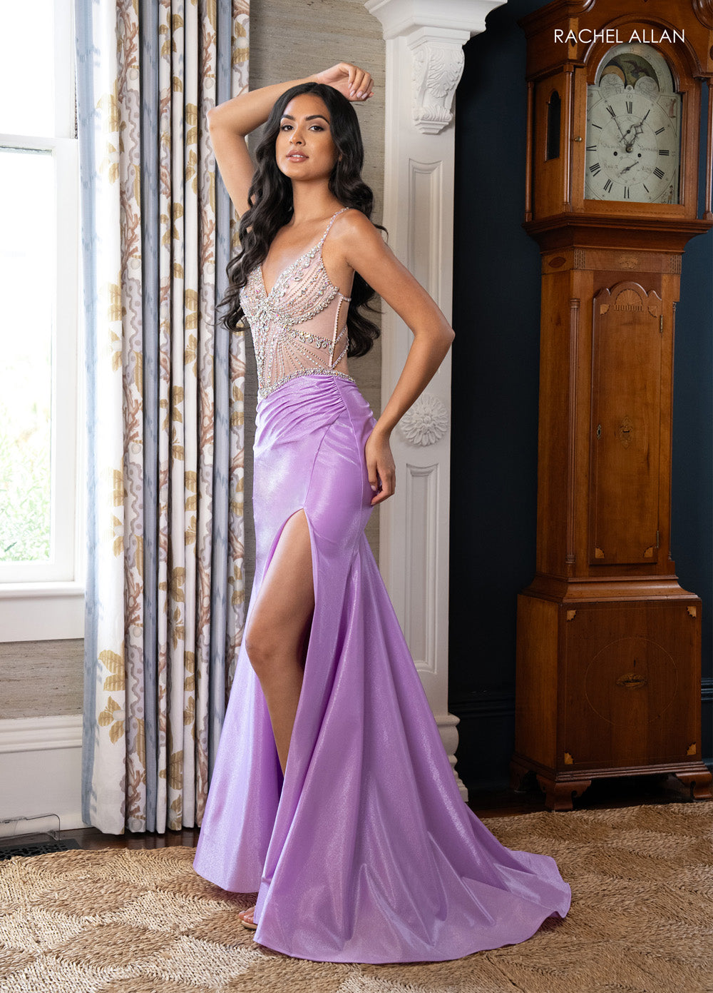 Rachel Allan 70983 Lilac mermaid prom dress with crystal beading and a thigh-high slit, front view.