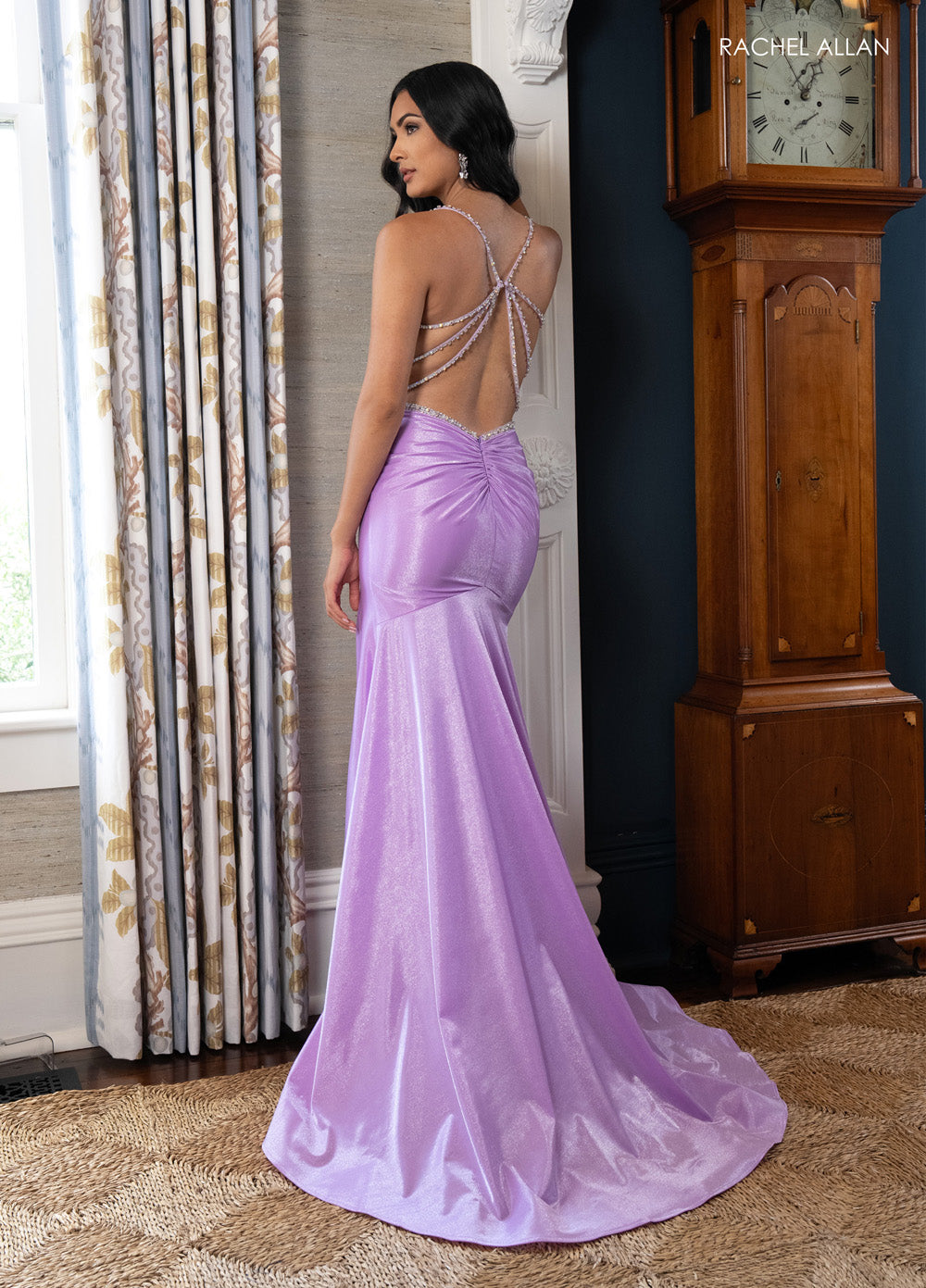 Rachel Allan 70983 Lilac mermaid prom dress with a lace-up low back and crystal beading details.