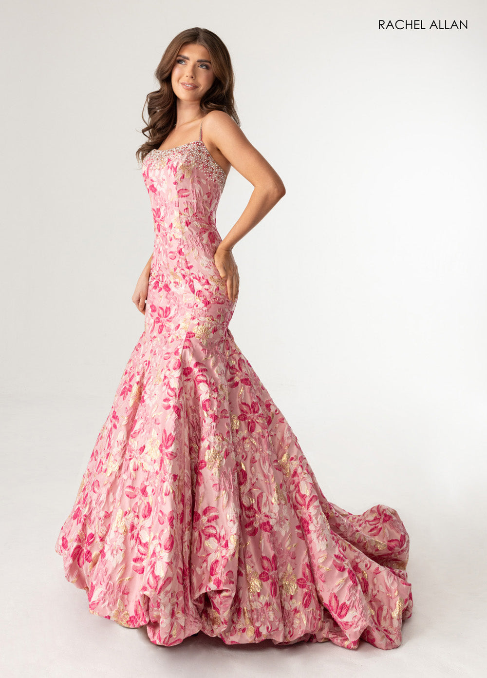 Rachel Allan 70988 Light pink mermaid prom dress with crystal beading and floral jacquard fabric.