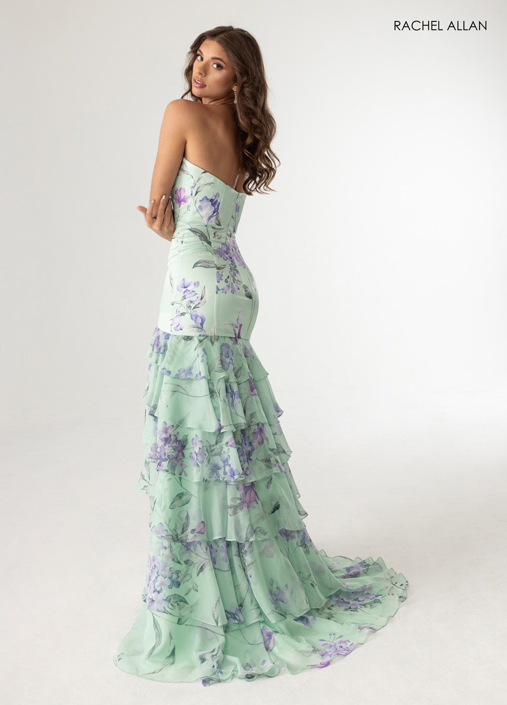 Rachel Allan 70995 Sage multi mermaid prom dress with layered ruffles and a strapless design.