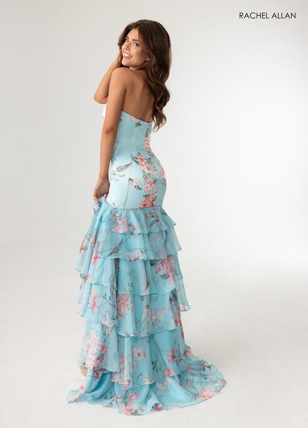 Rachel Allan 70995 Sky blue multi mermaid prom dress with layered ruffles and a side slit.
