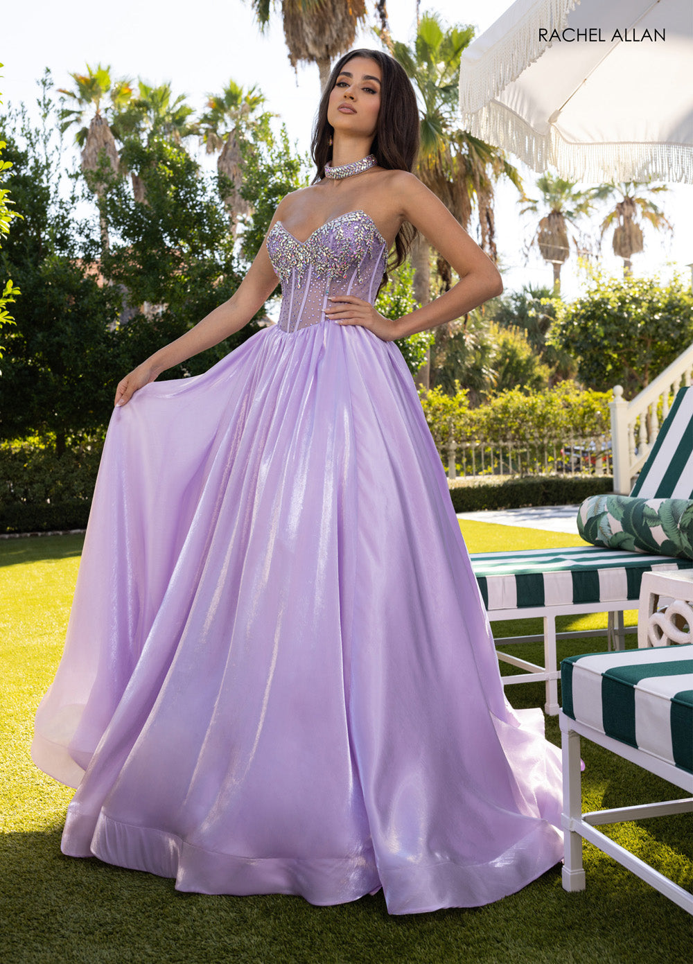 Rachel Allan 70998 Lilac ballgown with crystal beading and a sweetheart neckline, front view prom dress.