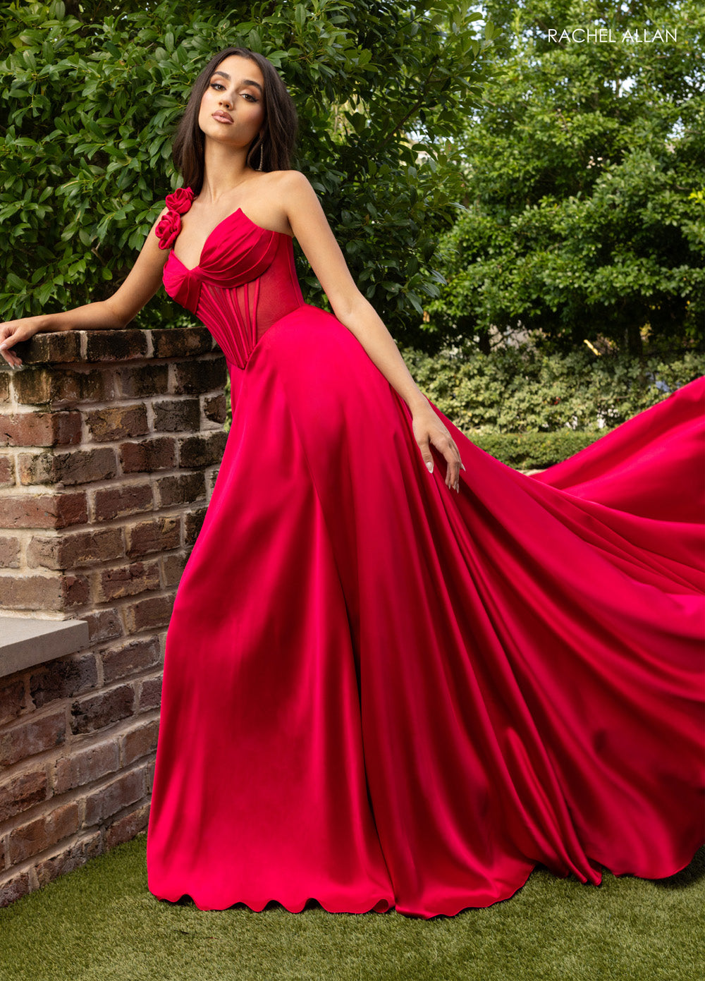 Rachel Allan 71004 Lipstick red A-line prom dress with 3D flowers and a flowing satin skirt.