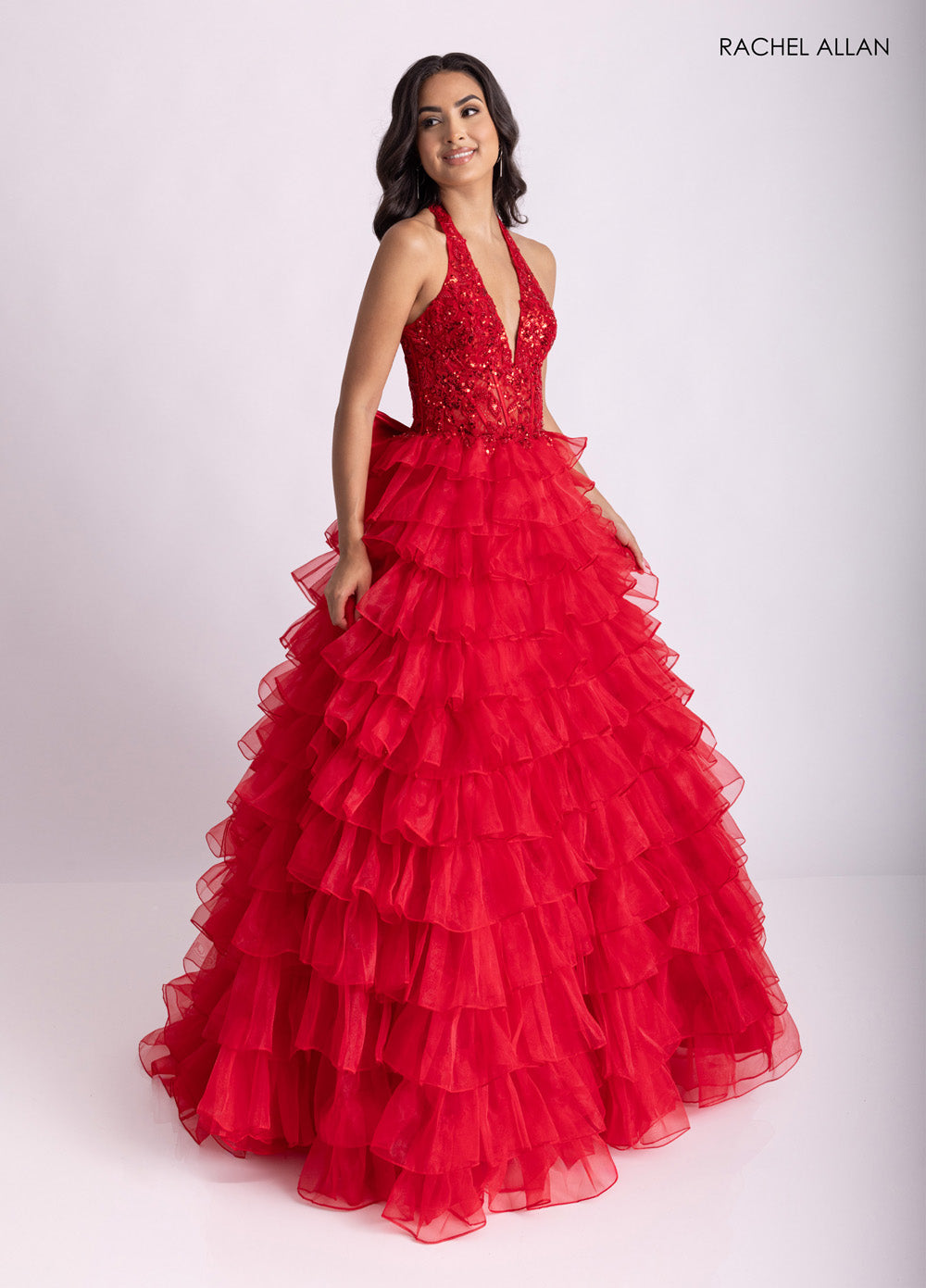 Rachel Allan 71006 Red ballgown with layered ruffles and intricate beading, front view prom dress.