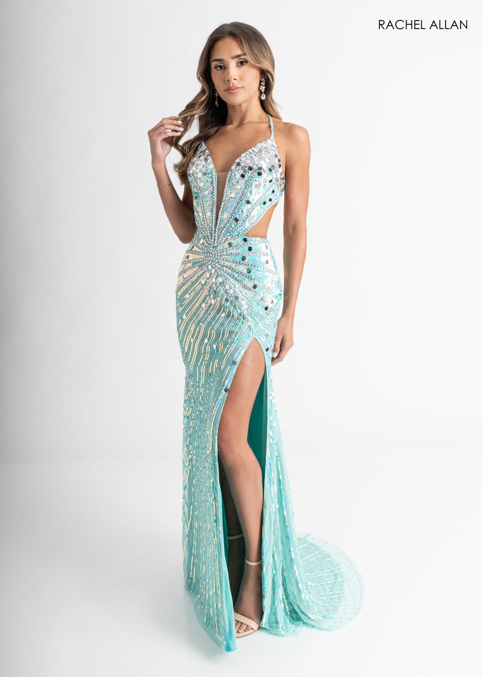 Rachel Allan 71011 Mint mermaid prom dress with beading and a thigh-high slit, front view.