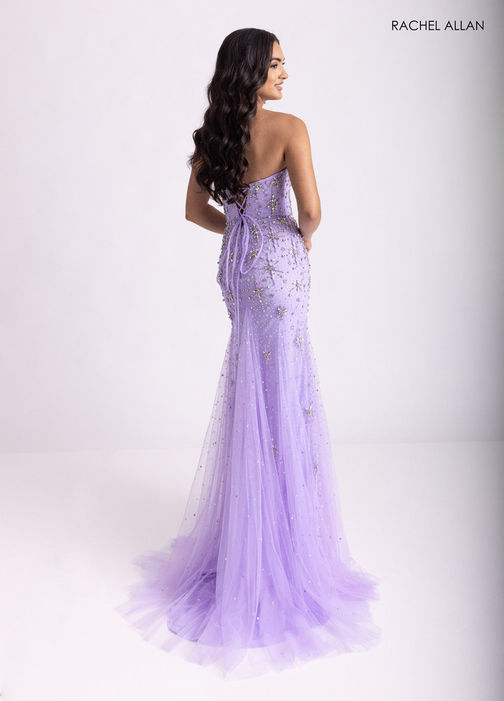 Rachel Allan 71013 Lilac mermaid prom dress with crystal beading and lace-up back, back view.