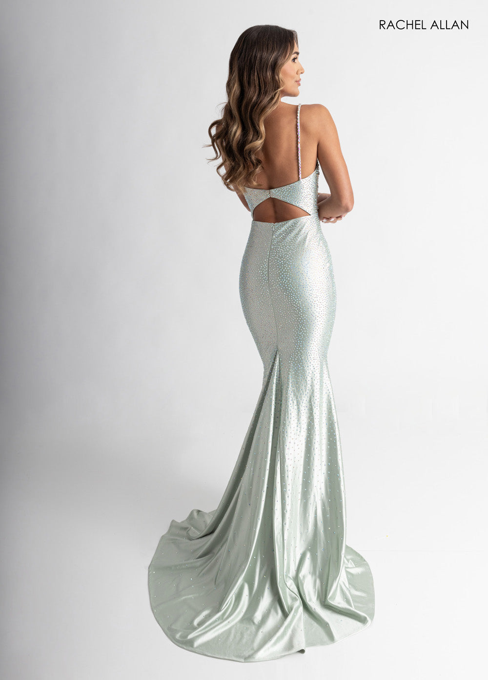 Rachel Allan 71014 Light blue mermaid prom dress with crystal beading and lace-up back.