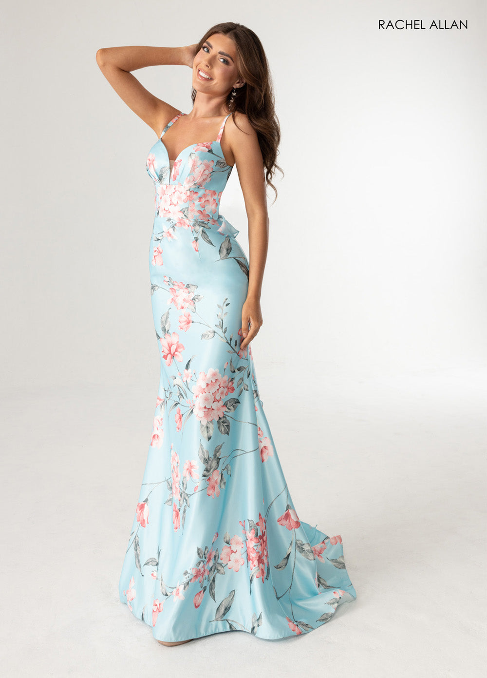Rachel Allan 71023 Sky blue multi mermaid prom dress with floral print and plunging neckline.