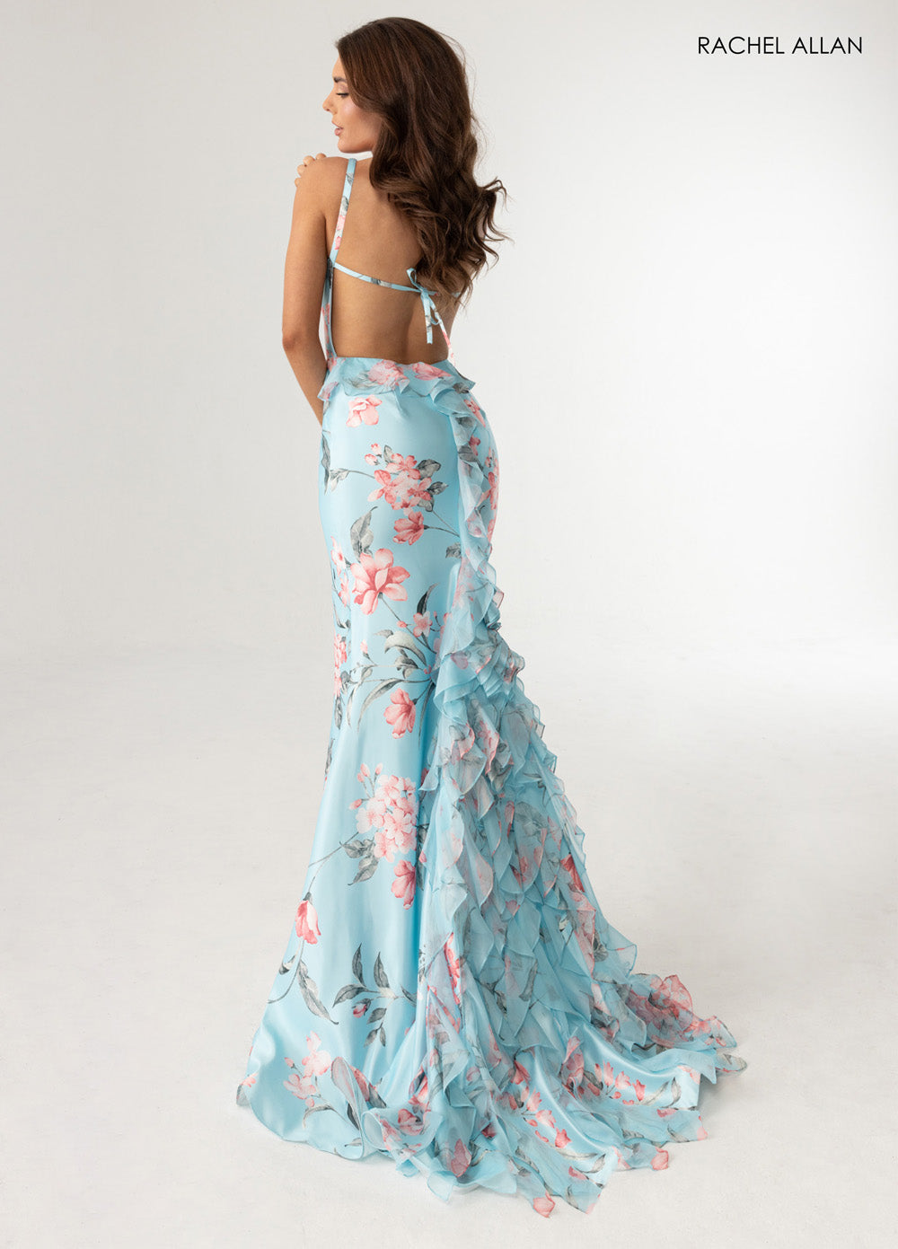 Rachel Allan 71023 Sky blue multi mermaid prom dress with ruffled back detail and floral print.