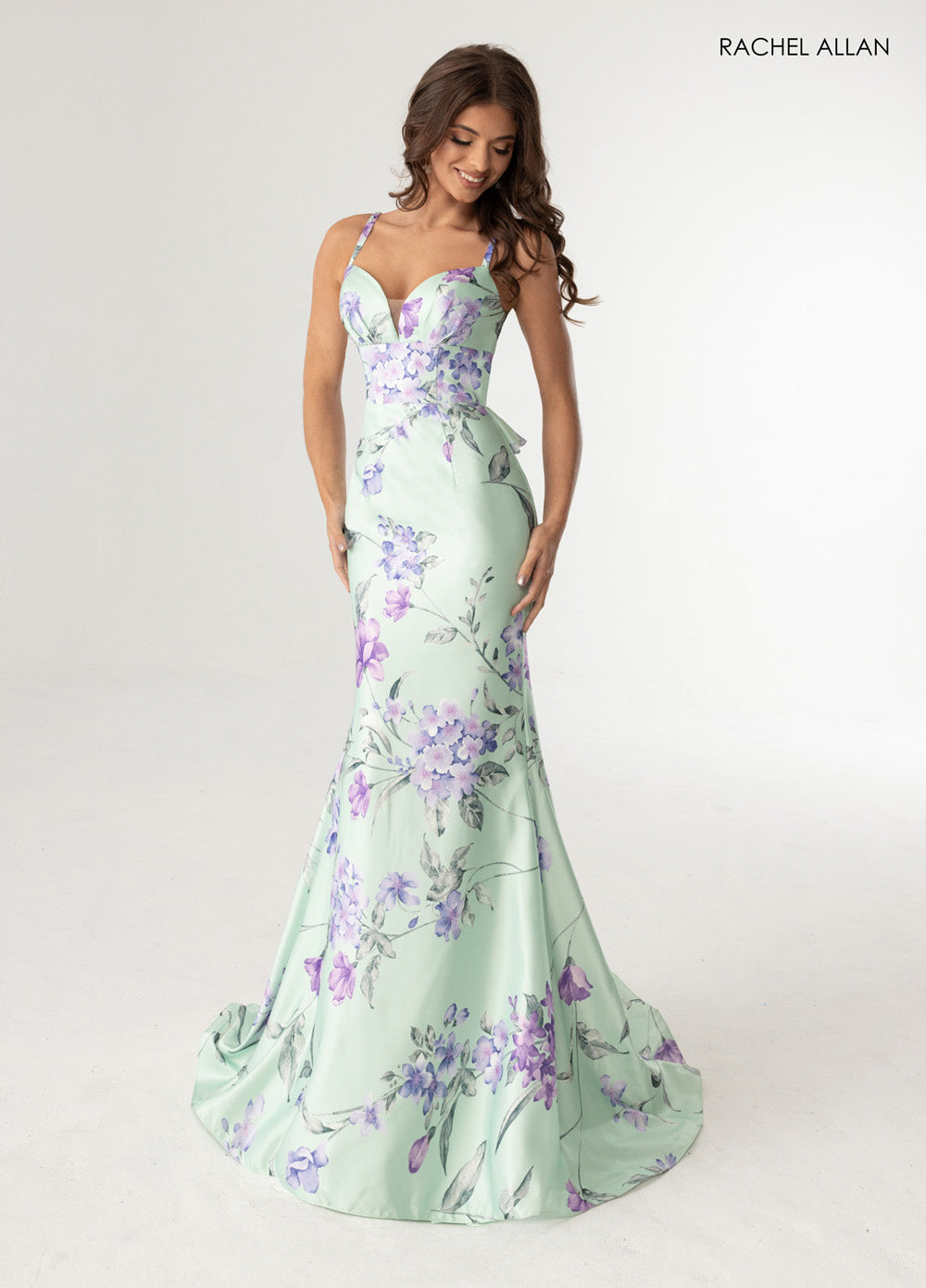 Rachel Allan 71023 Sage multi mermaid prom dress with floral print and sweetheart neckline.
