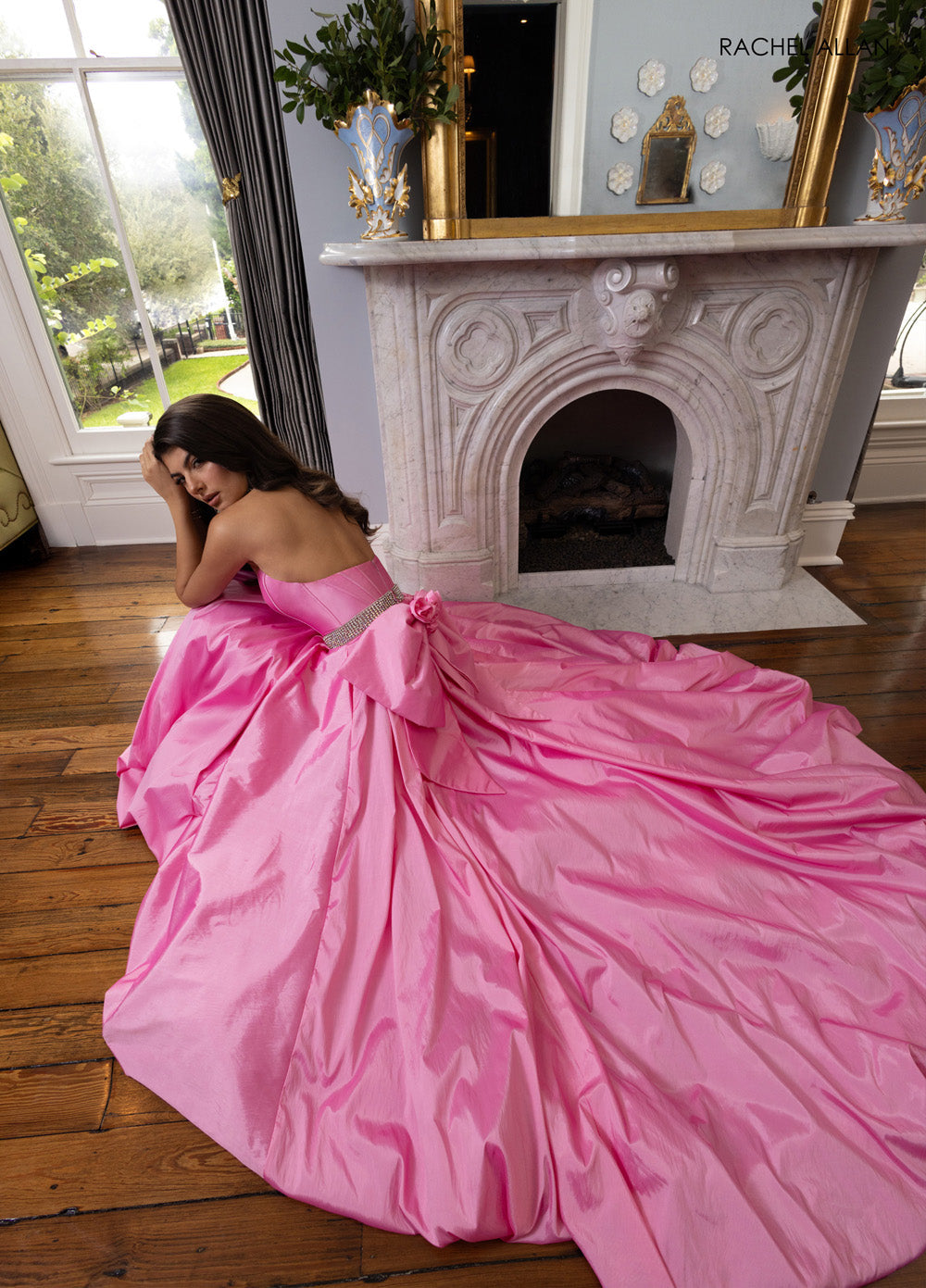 Rachel Allan 71024 Candy pink ballgown with crystal beading and a dramatic train, back view prom dress.