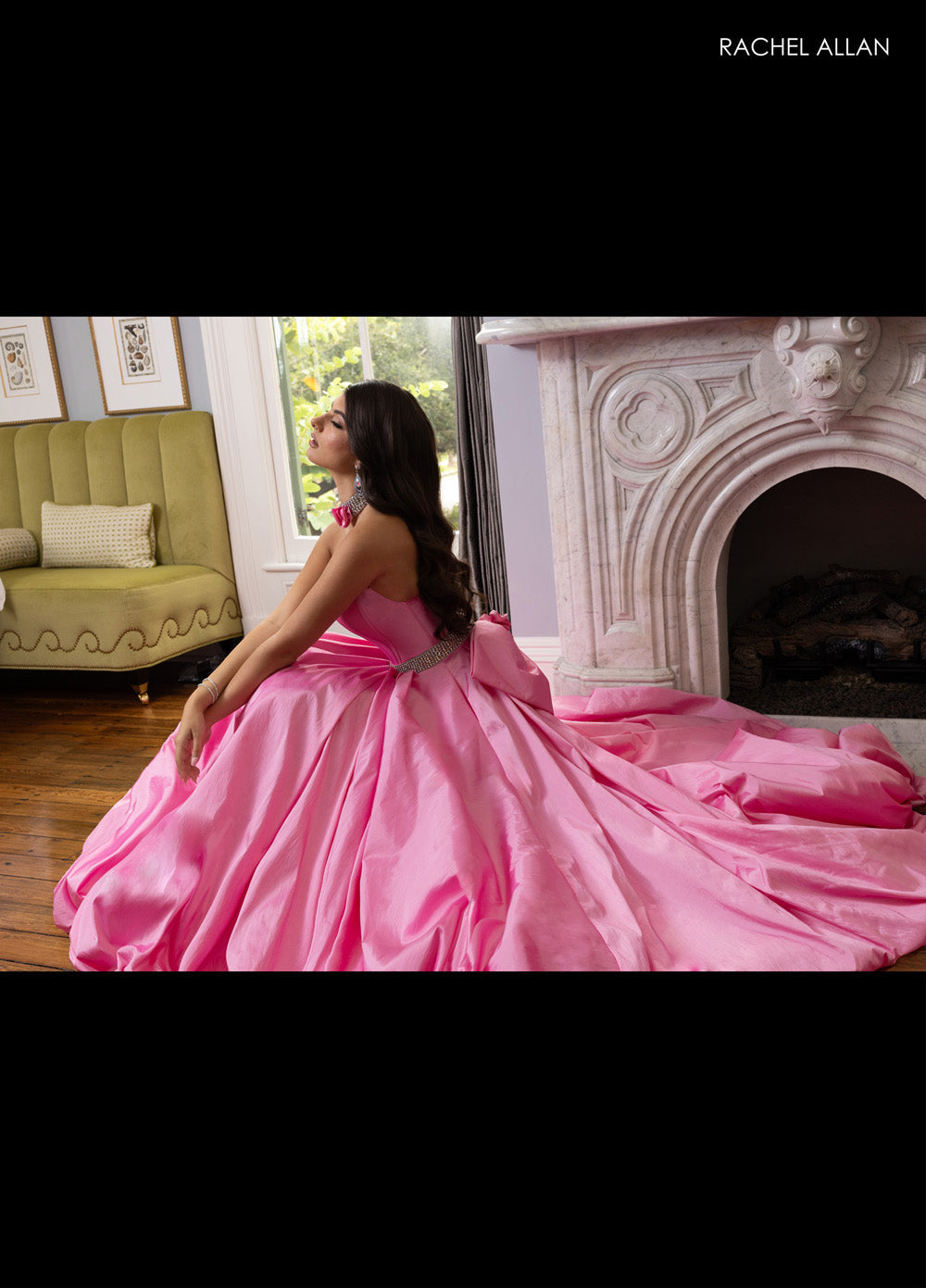 Rachel Allan 71024 Candy pink ballgown with crystal beading and a flowing train, side view prom dress.