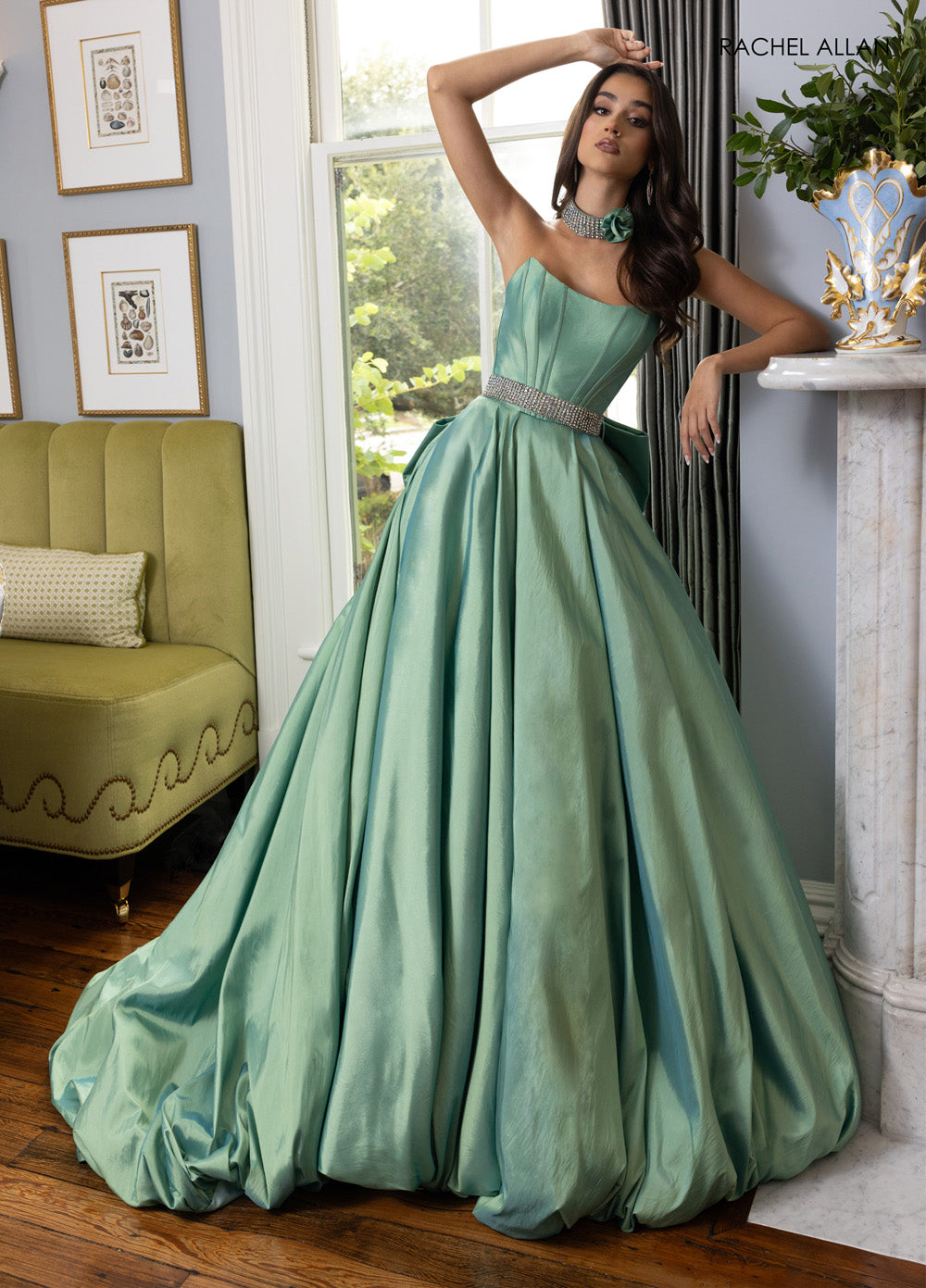 Rachel Allan 71024 Sage green ballgown with crystal beading and a dramatic skirt, perfect for prom prom dress.