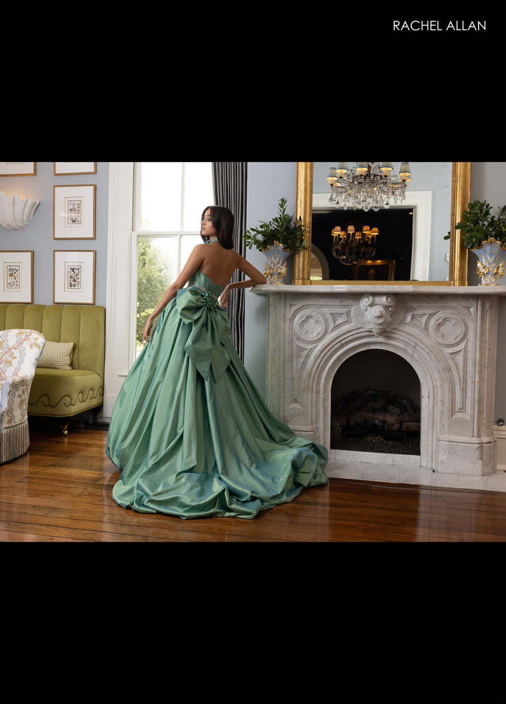 Rachel Allan 71024 Sage green ballgown with crystal beading and dramatic bow, back view prom dress.