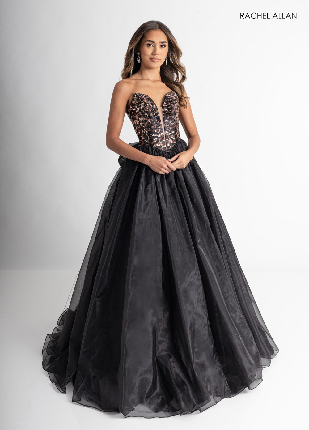 Rachel Allan 71026 Black cheetah prom dress with crystal beading and a fitted bodice, ballgown silhouette.