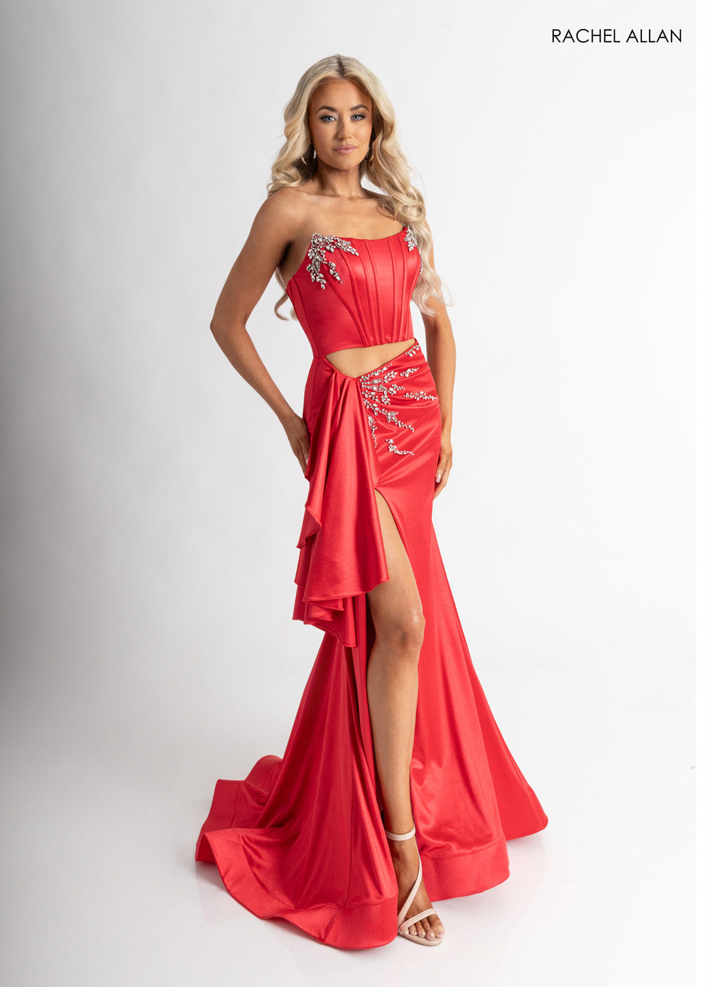 Rachel Allan 71061 Red mermaid prom dress with crystal beading and a dramatic side slit.