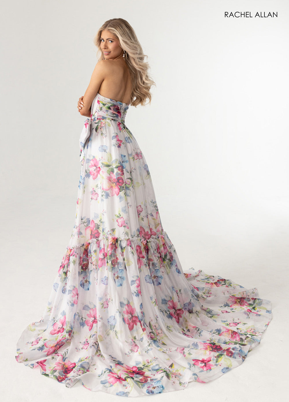 Rachel Allan 71065 White multi floral prom dress with a fitted bodice and flowing mermaid skirt.