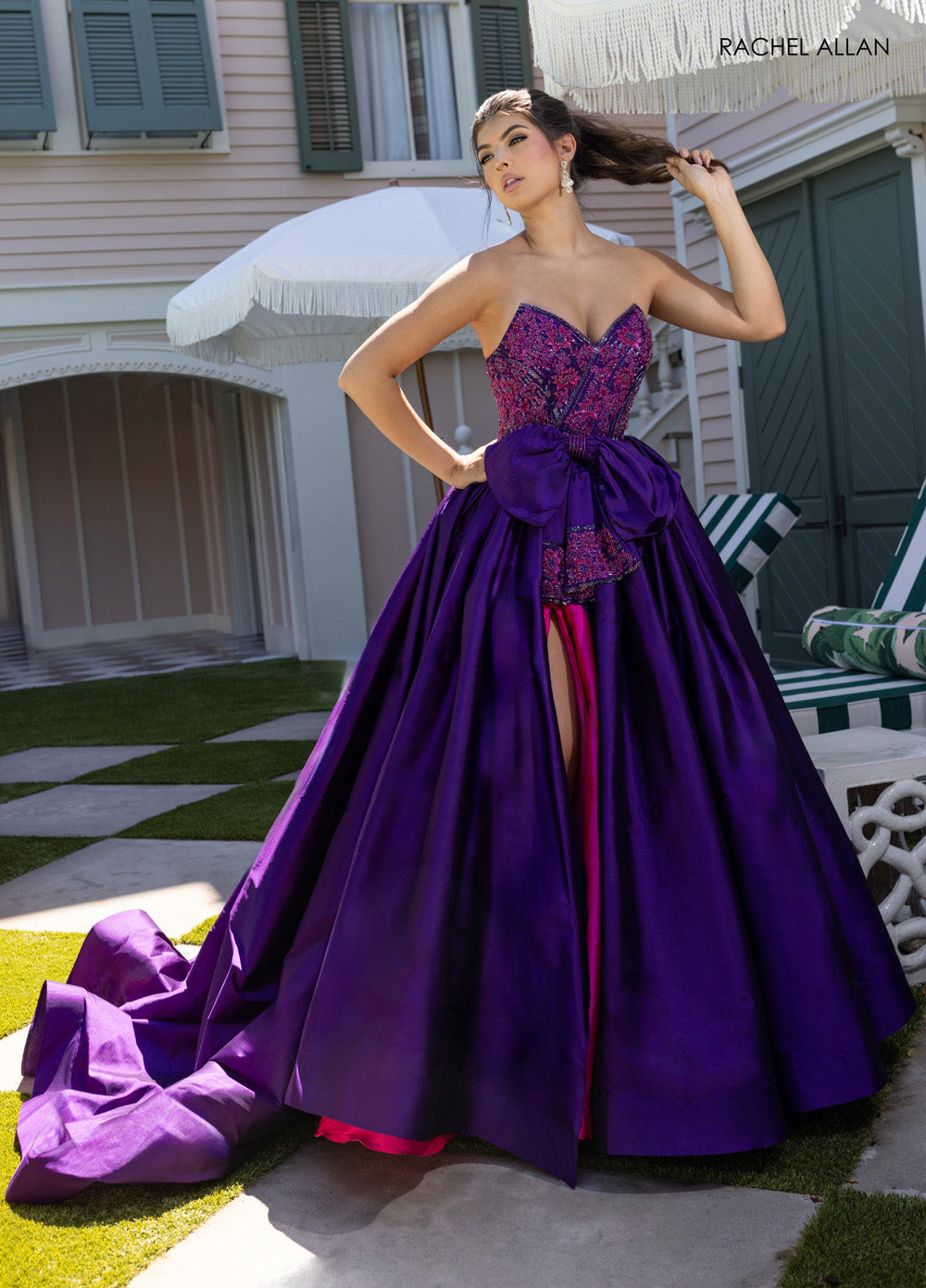 Rachel Allan 71068 Royal turquoise and ultraviolet fuchsia ballgown with beading and a high slit prom dress.