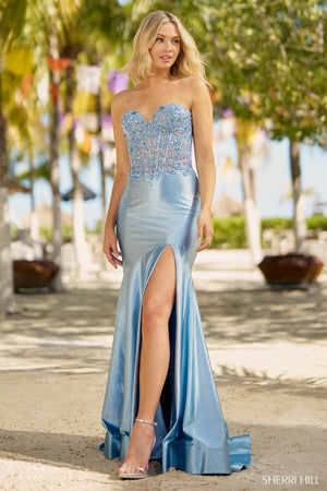 Sherri Hill 55649 prom dress images.  Sherri Hill 55649 is available in these colors: navy, light blue, black, blush, emerald, royal, rose gold