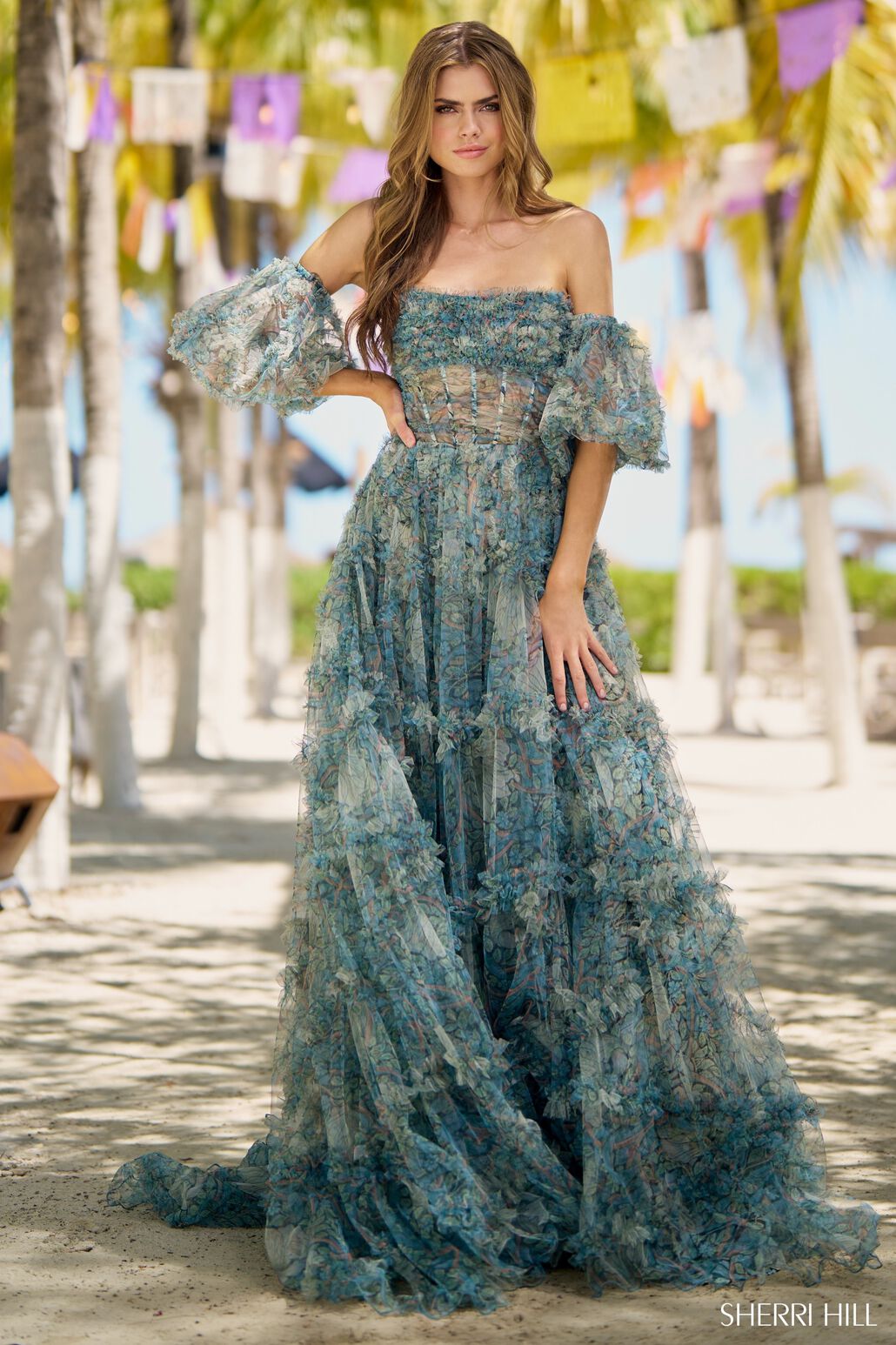 Sherri Hill 56008 prom dress images.  Sherri Hill 56008 is available in these colors: Green Print.