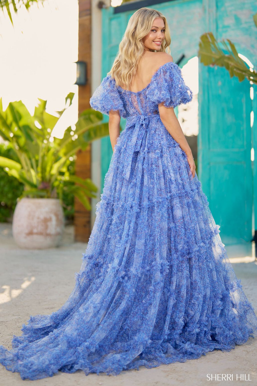 Sherri Hill 56009 prom dress images.  Sherri Hill 56009 is available in these colors: Blue Print.