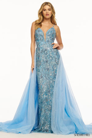 Sherri Hill 56018 prom dress images.  Sherri Hill 56018 is available in these colors: Fuchsia, Blue, Lilac, Yellow, Black, Aqua.
