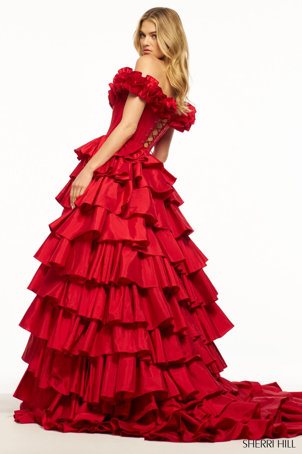 Sherri Hill 56039 prom dress images.  Sherri Hill 56039 is available in these colors: Black, Red, Fuchsia, Bright Pink, Teal, Yellow, Ivory.