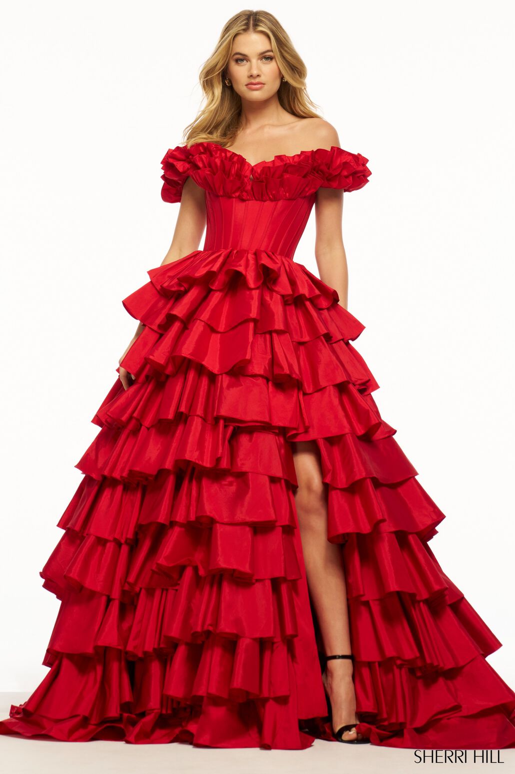 Sherri Hill 56039 prom dress images.  Sherri Hill 56039 is available in these colors: Black, Red, Fuchsia, Bright Pink, Teal, Yellow, Ivory.
