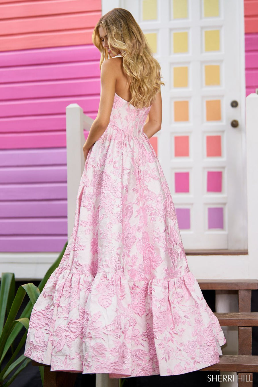 Sherri Hill 56055 prom dress images.  Sherri Hill 56055 is available in these colors: Pink, Lilac, Light Blue, Ivory.