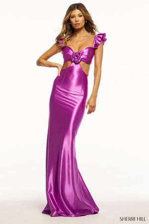 Sherri Hill 56056 prom dress images.  Sherri Hill 56056 is available in these colors: Fuchsia, Black, Lilac, Yellow, Red, Light Blue, Turquoise, Purple, Candy Pink.