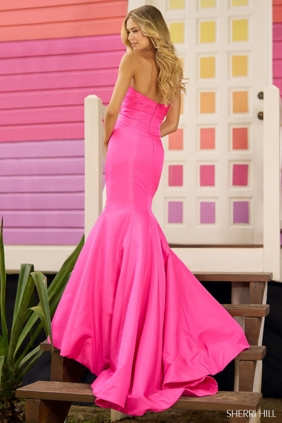 Sherri Hill 56058 prom dress images.  Sherri Hill 56058 is available in these colors: Bright Pink, Black, Red, Yellow, Ivory Black, Ivory Ivory.