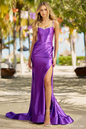 Sherri Hill 56059 prom dress images.  Sherri Hill 56059 is available in these colors: Red, Peacock, Silver, Gold, Candy Pink, Black, Royal, Emerald, Magenta, Purple.