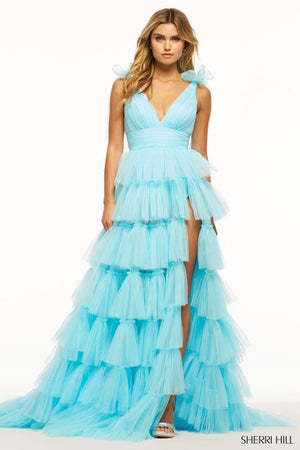 Sherri Hill 56066 prom dress images.  Sherri Hill 56066 is available in these colors: Light Blue, Red, Black, Lilac, Fuchsia, Candy Pink, Yellow, Dreamcicle.